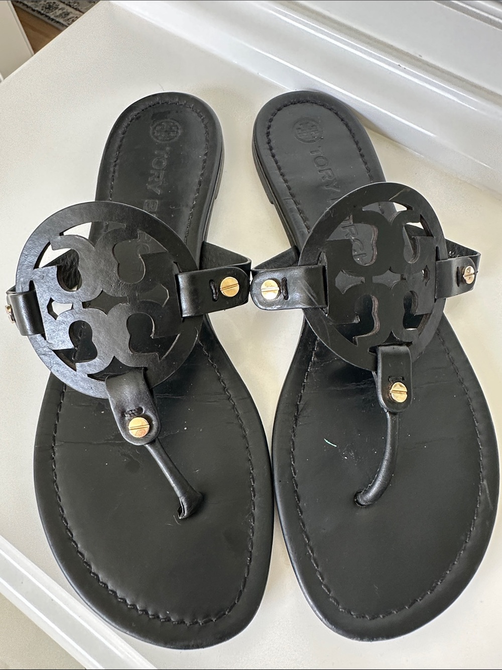 Tory Burch Black Miller Sandals Leather Size 9